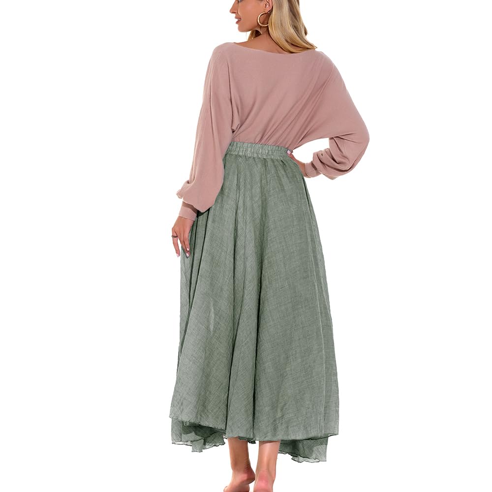 Women Bohemian Style Elastic Waist Band Cotton Linen Long Maxi Skirt Dress