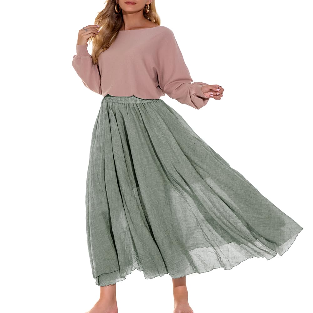 Women Bohemian Style Elastic Waist Band Cotton Linen Long Maxi Skirt Dress