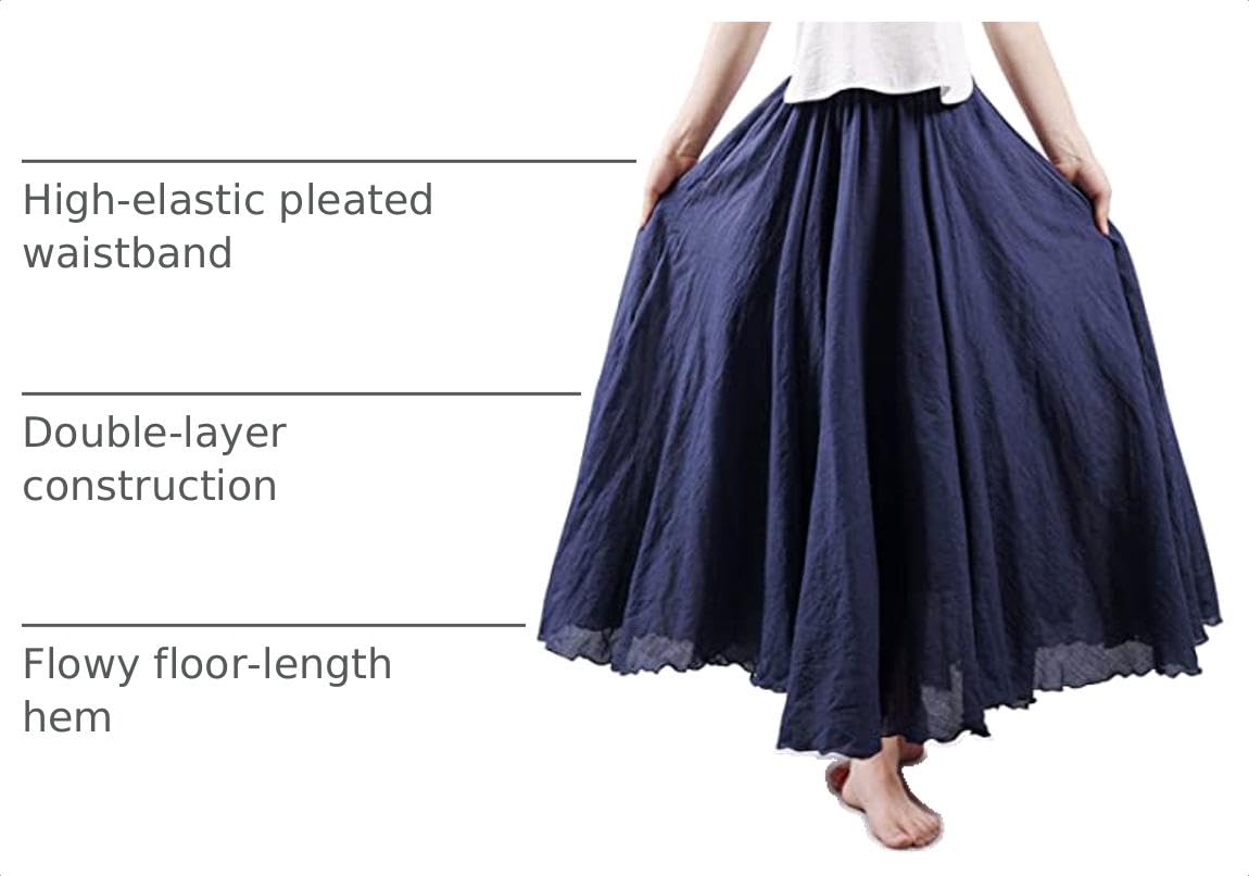 Women Bohemian Style Elastic Waist Band Cotton Linen Long Maxi Skirt Dress