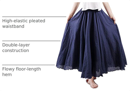 Women Bohemian Style Elastic Waist Band Cotton Linen Long Maxi Skirt Dress