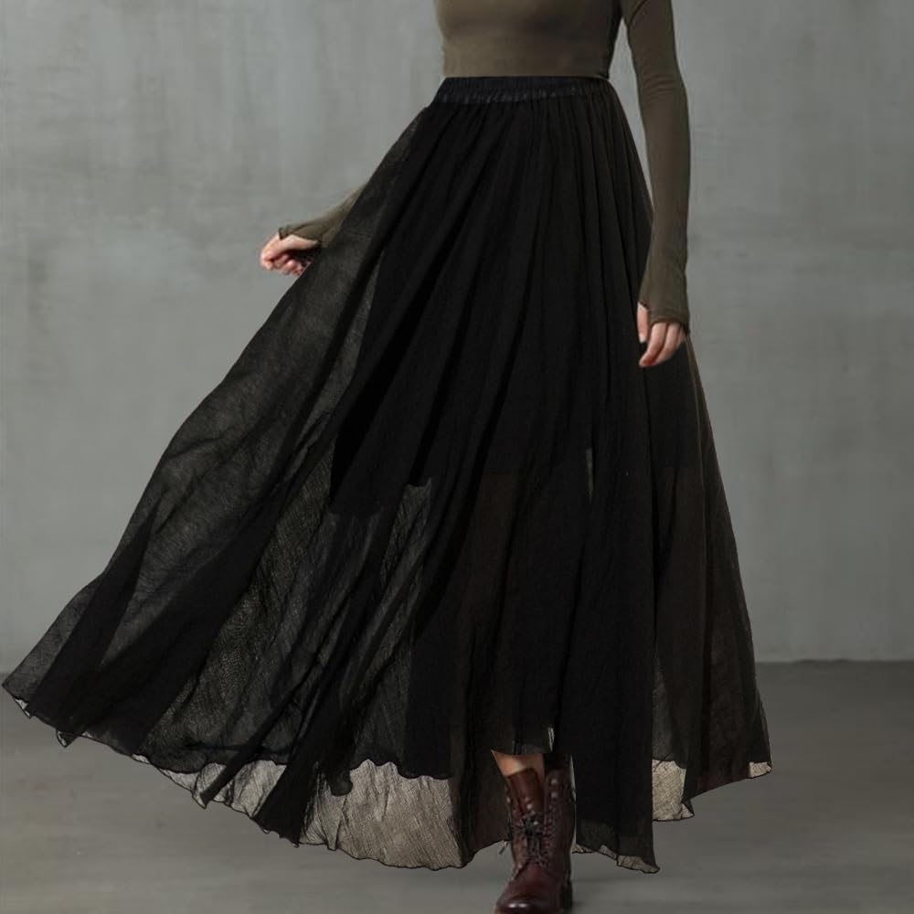 Women Bohemian Style Elastic Waist Band Cotton Linen Long Maxi Skirt Dress