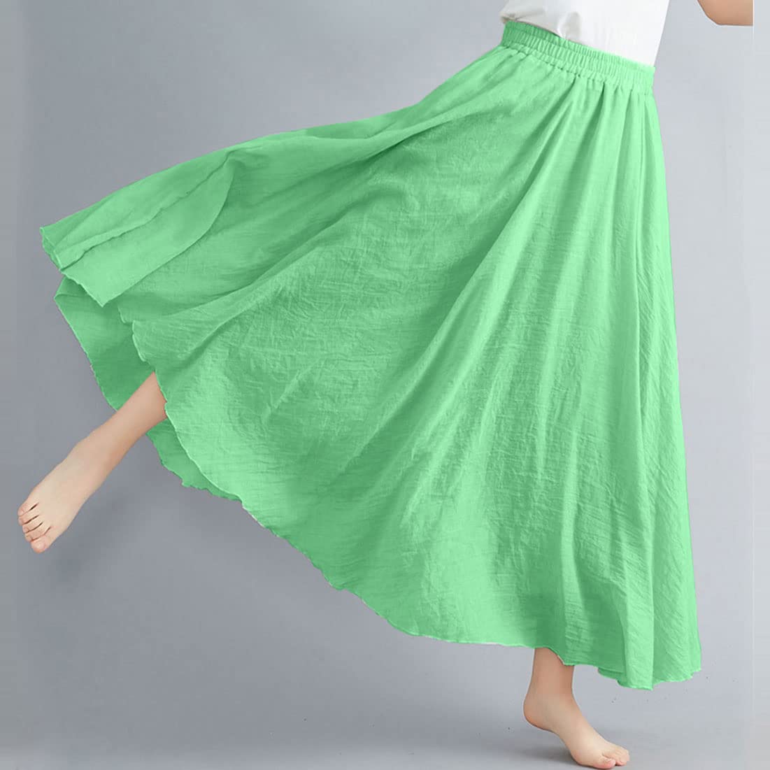 Women Bohemian Style Elastic Waist Band Cotton Linen Long Maxi Skirt Dress
