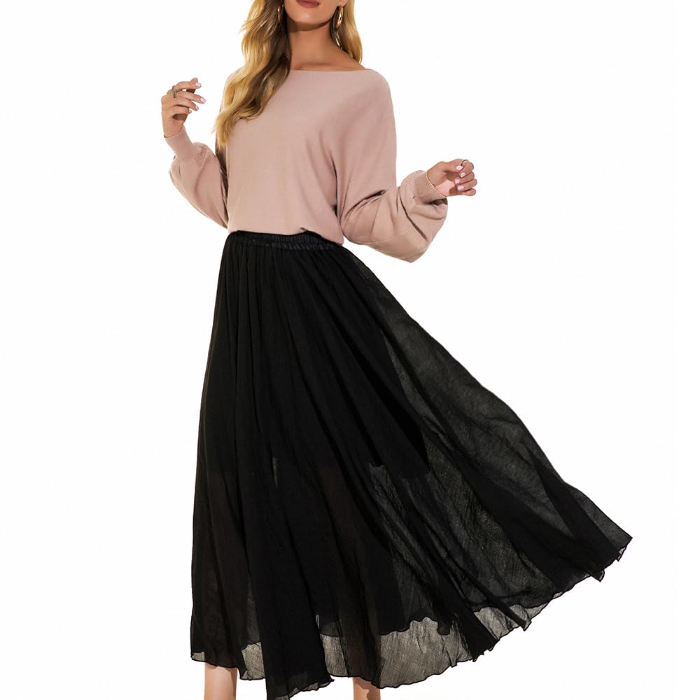 Women Bohemian Style Elastic Waist Band Cotton Linen Long Maxi Skirt Dress