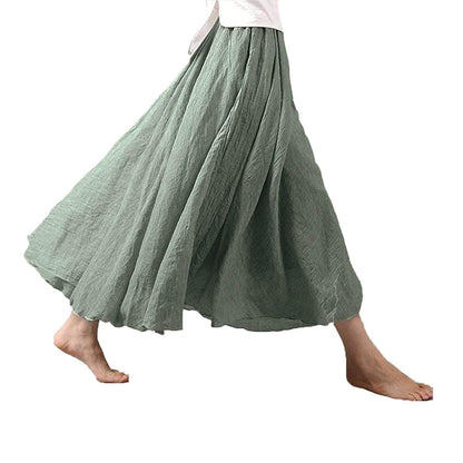 Women Bohemian Style Elastic Waist Band Cotton Linen Long Maxi Skirt Dress
