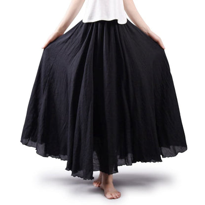 Women Bohemian Style Elastic Waist Band Cotton Linen Long Maxi Skirt Dress