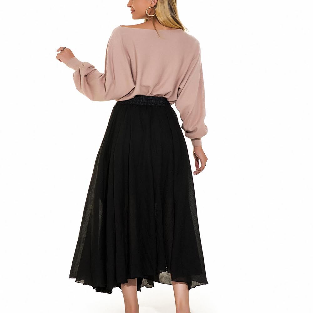 Women Bohemian Style Elastic Waist Band Cotton Linen Long Maxi Skirt Dress