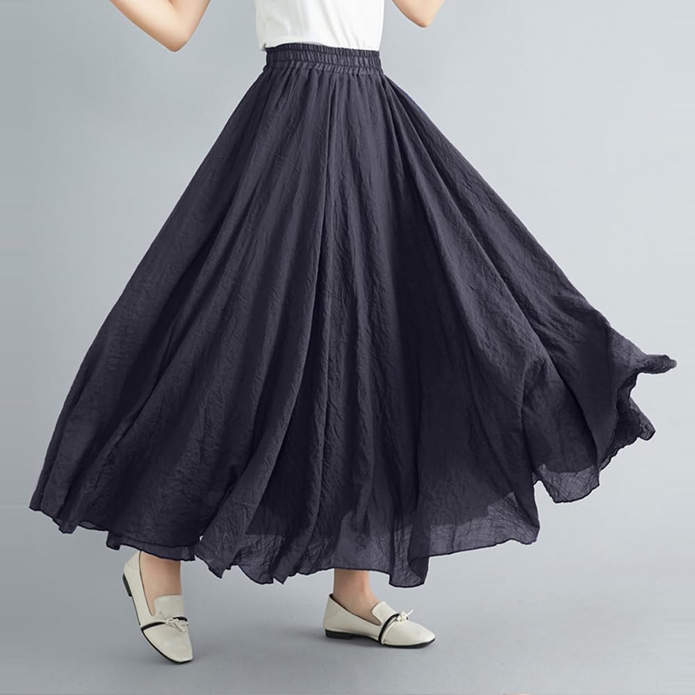 Women Bohemian Style Elastic Waist Band Cotton Linen Long Maxi Skirt Dress