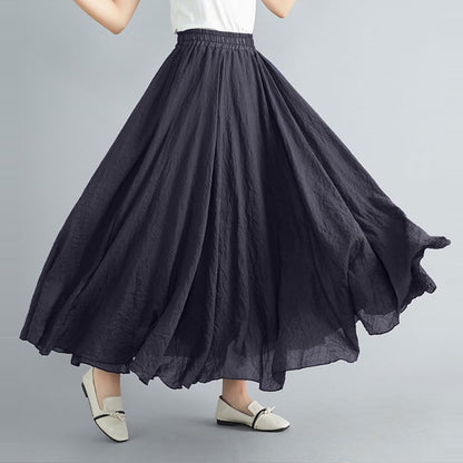 Women Bohemian Style Elastic Waist Band Cotton Linen Long Maxi Skirt Dress