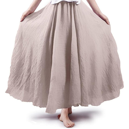 Women Bohemian Style Elastic Waist Band Cotton Linen Long Maxi Skirt Dress