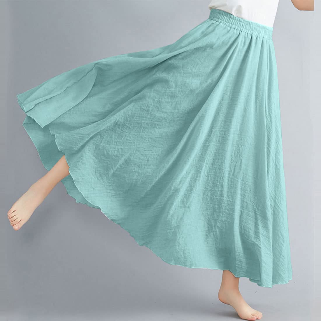 Women Bohemian Style Elastic Waist Band Cotton Linen Long Maxi Skirt Dress
