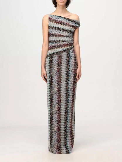 One-Shoulder Zigzag Knit Maxi Dress