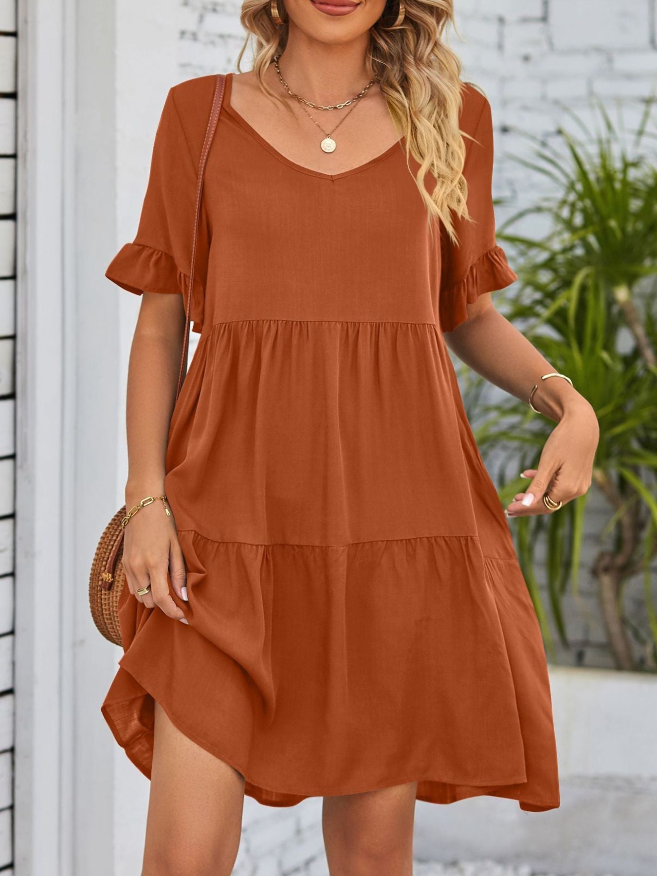 Ruffled Sleeve Tiered Mini Dress