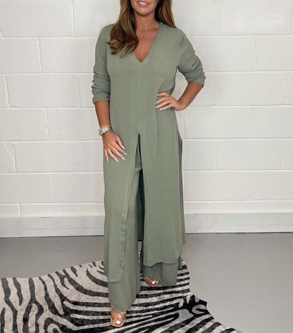 Women's Fashion Chiffon Solid Color Long Top & Pants Outfit Set