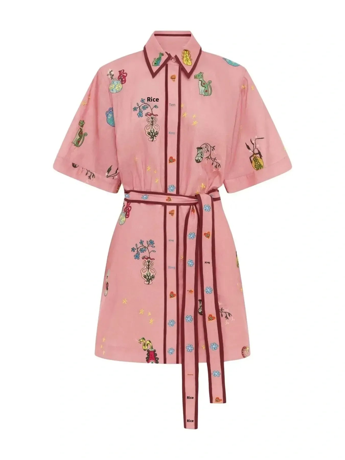 Embroidered Tie Waist Shirt Dress