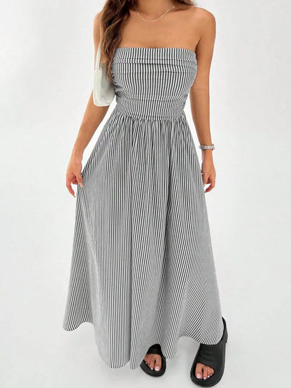 Striped Strapless Casual Maxi Dress