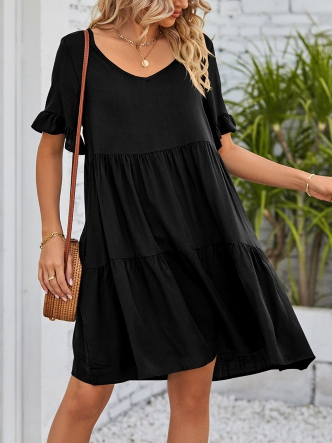 Ruffled Sleeve Tiered Mini Dress