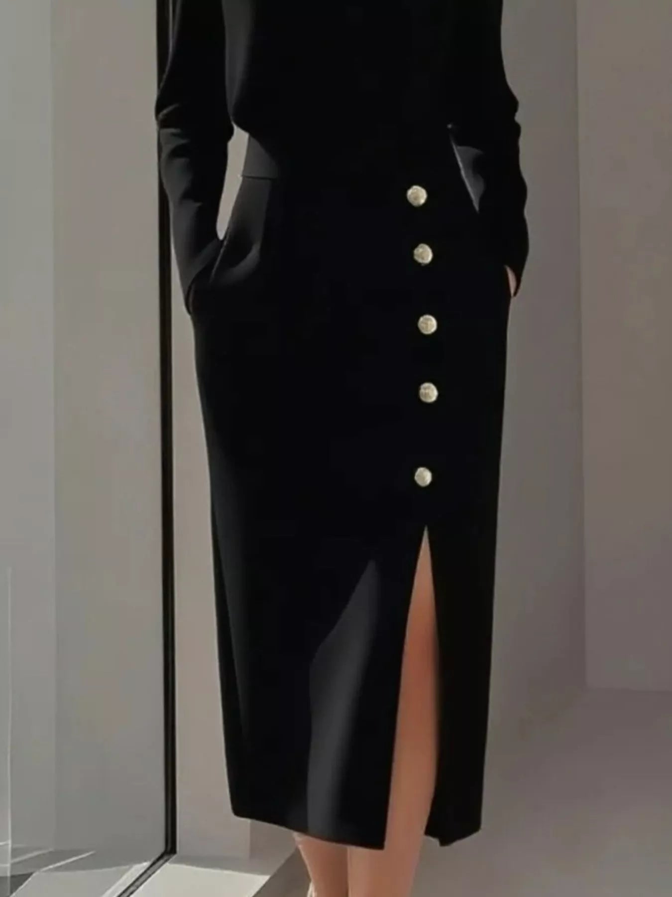 Long Sleeve Button Detail Midi Dress with Side Slit