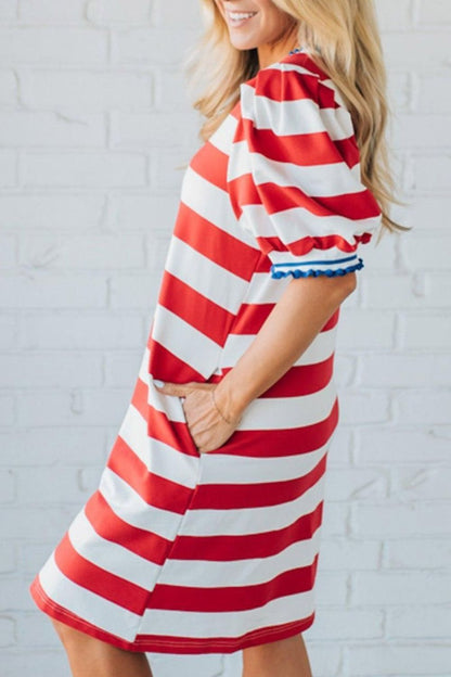 Striped Puff Sleeve Casual Mini Dress
