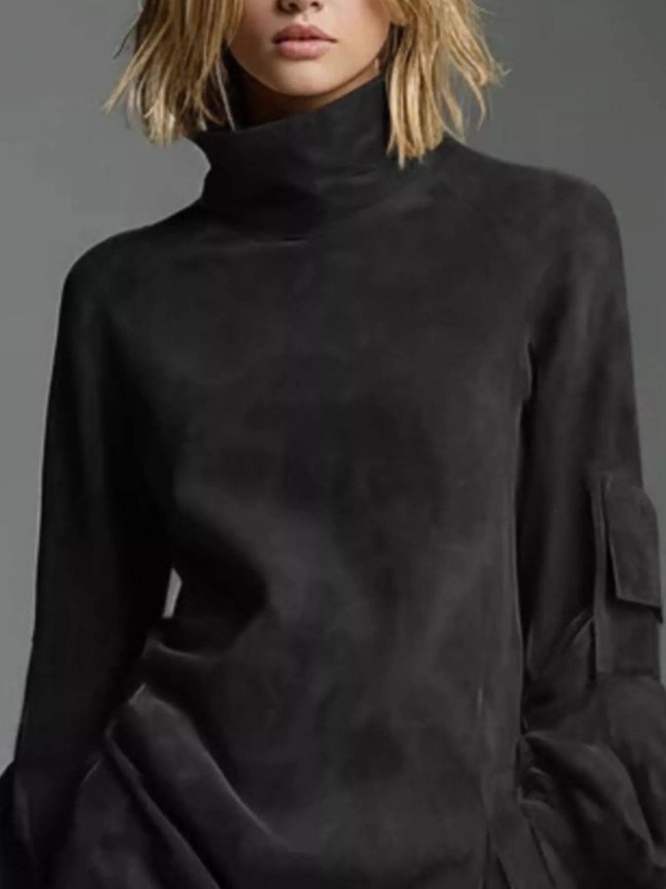 Suede Turtleneck Lantern Sleeve Mini Dress