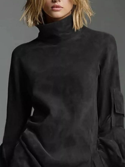 Suede Turtleneck Lantern Sleeve Mini Dress