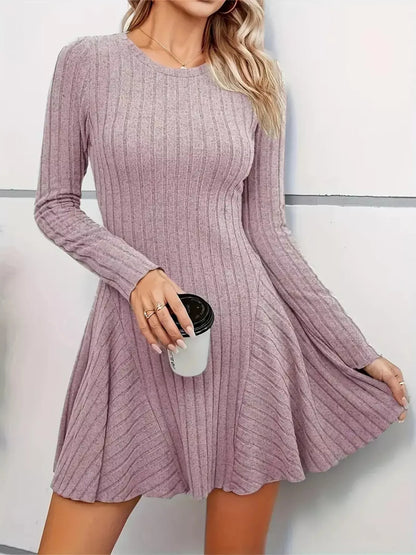 Ribbed Knit Long Sleeve A-Line Dress