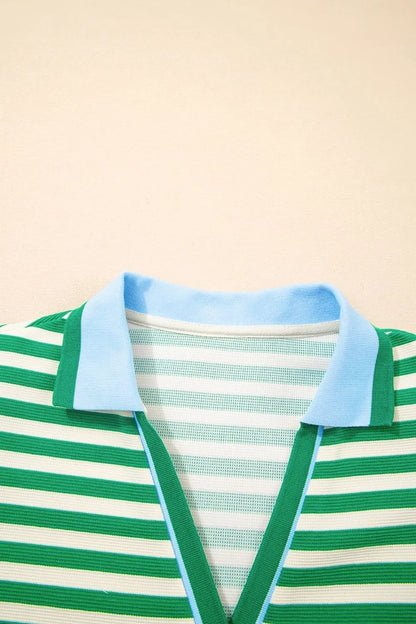 Stripe Print Contrast Collar Split Neck Flutter Sleeve Dress