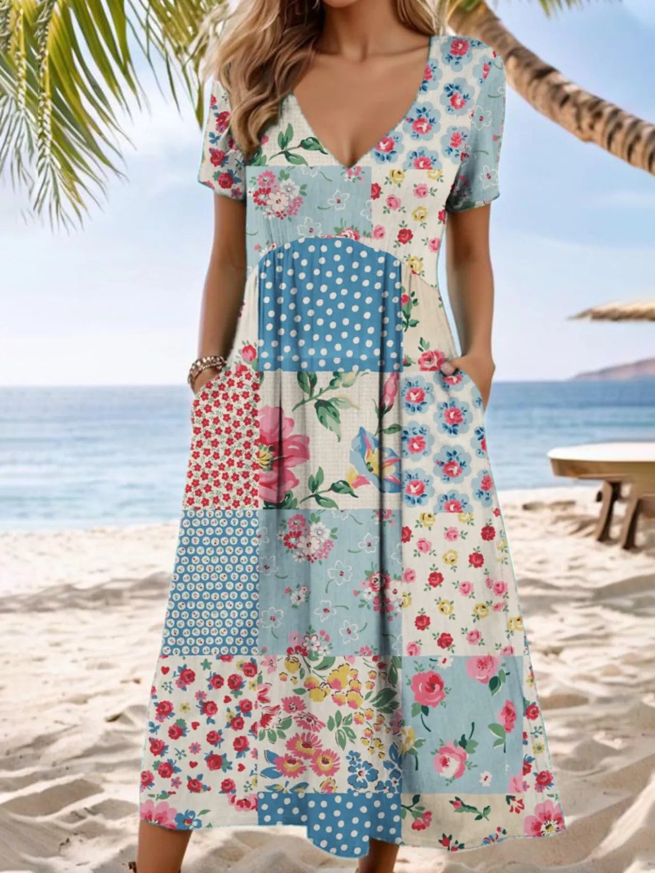 Floral V-Neck Casual Midi Dress