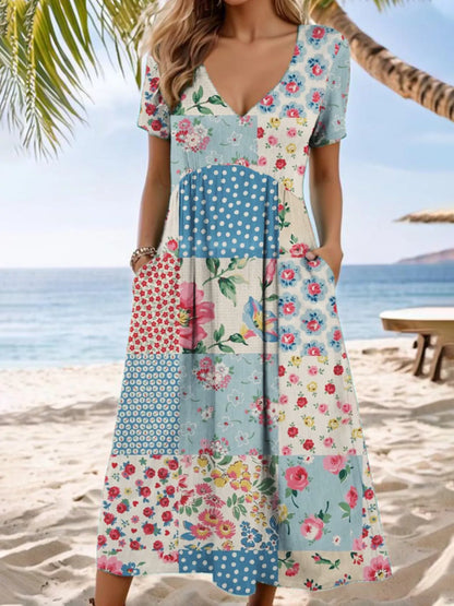Floral V-Neck Casual Midi Dress
