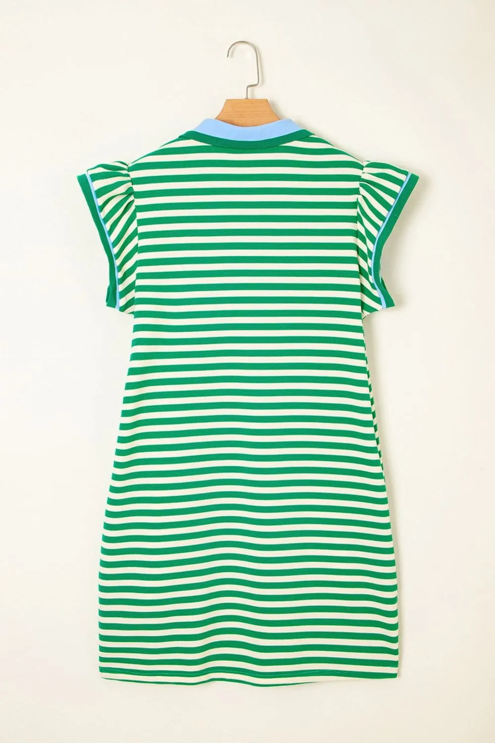Stripe Print Contrast Collar Split Neck Flutter Sleeve Dress