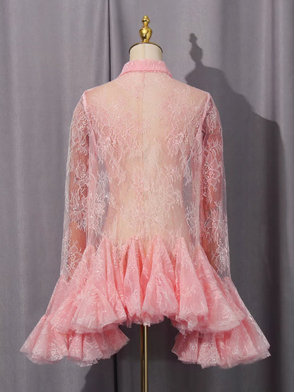 Ruffled Hem Lace Long Sleeve Dress