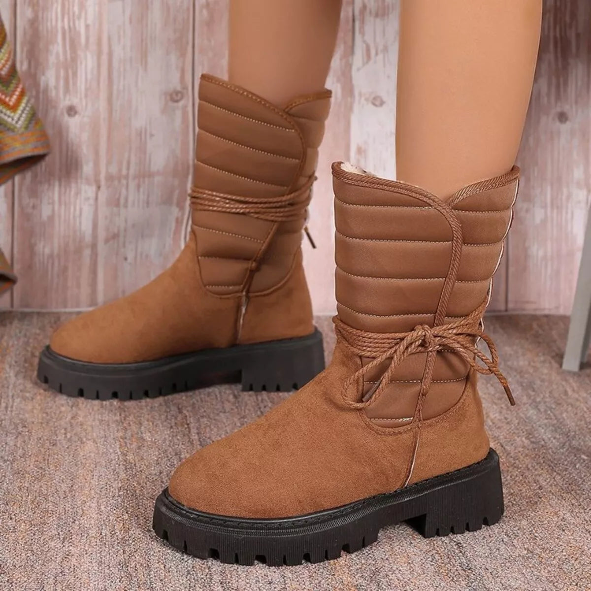 Quilted Lace-Up Mid-Calf Boots