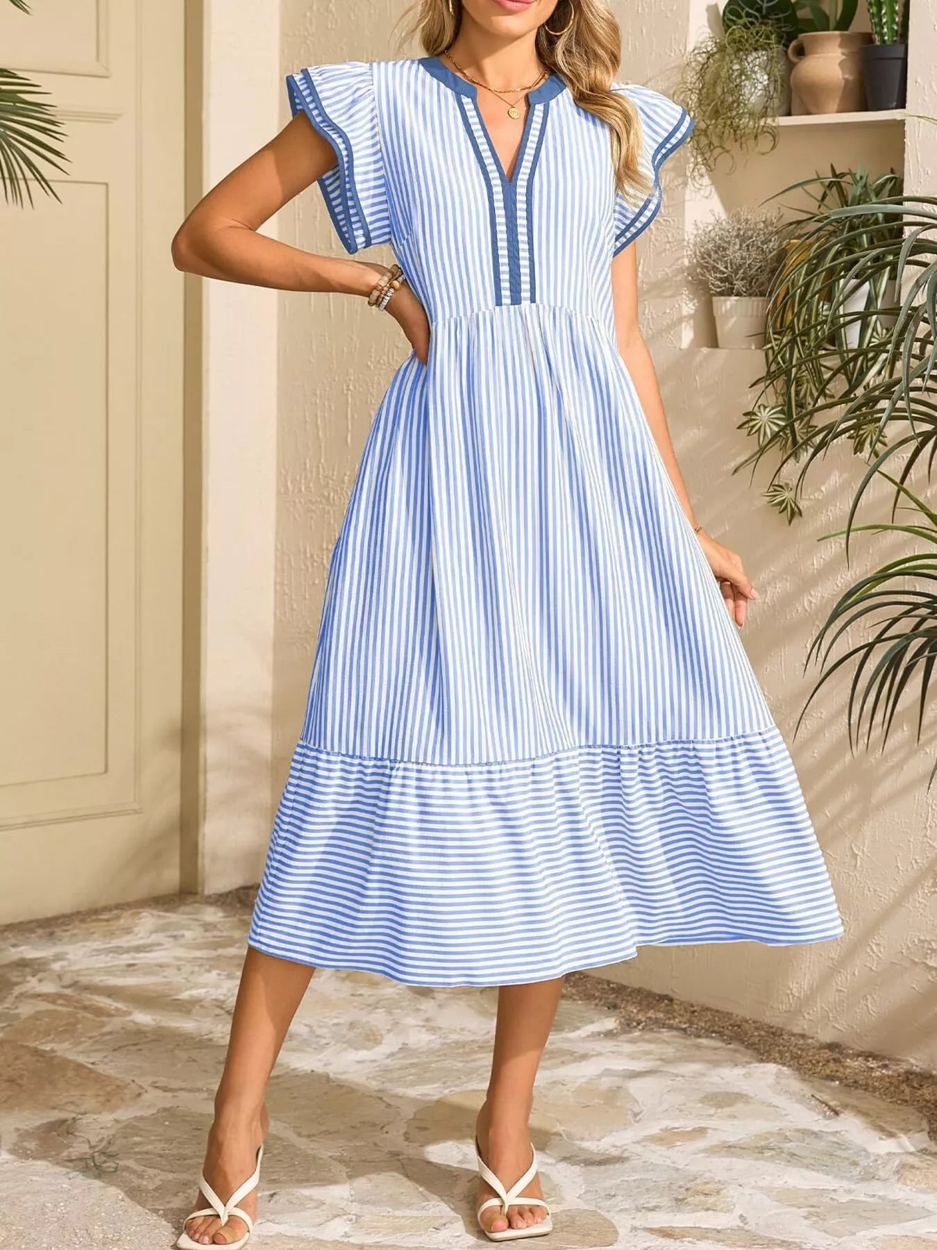 Striped Notched Ruffle Sleeve Dress