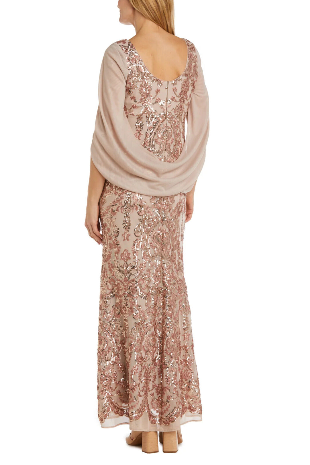 R&M Richards V-Neckline Sheer Wrap Drape Cape Sequin Gown Dress