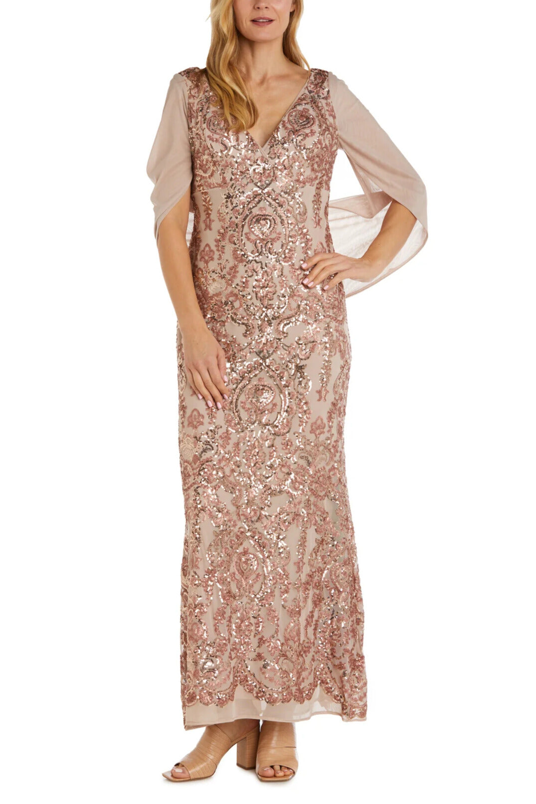 R&M Richards V-Neckline Sheer Wrap Drape Cape Sequin Gown Dress