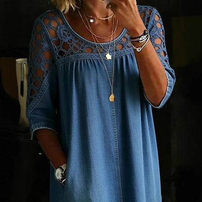 Women’s Loose Fit Hollow-Out Lace Denim Shirt