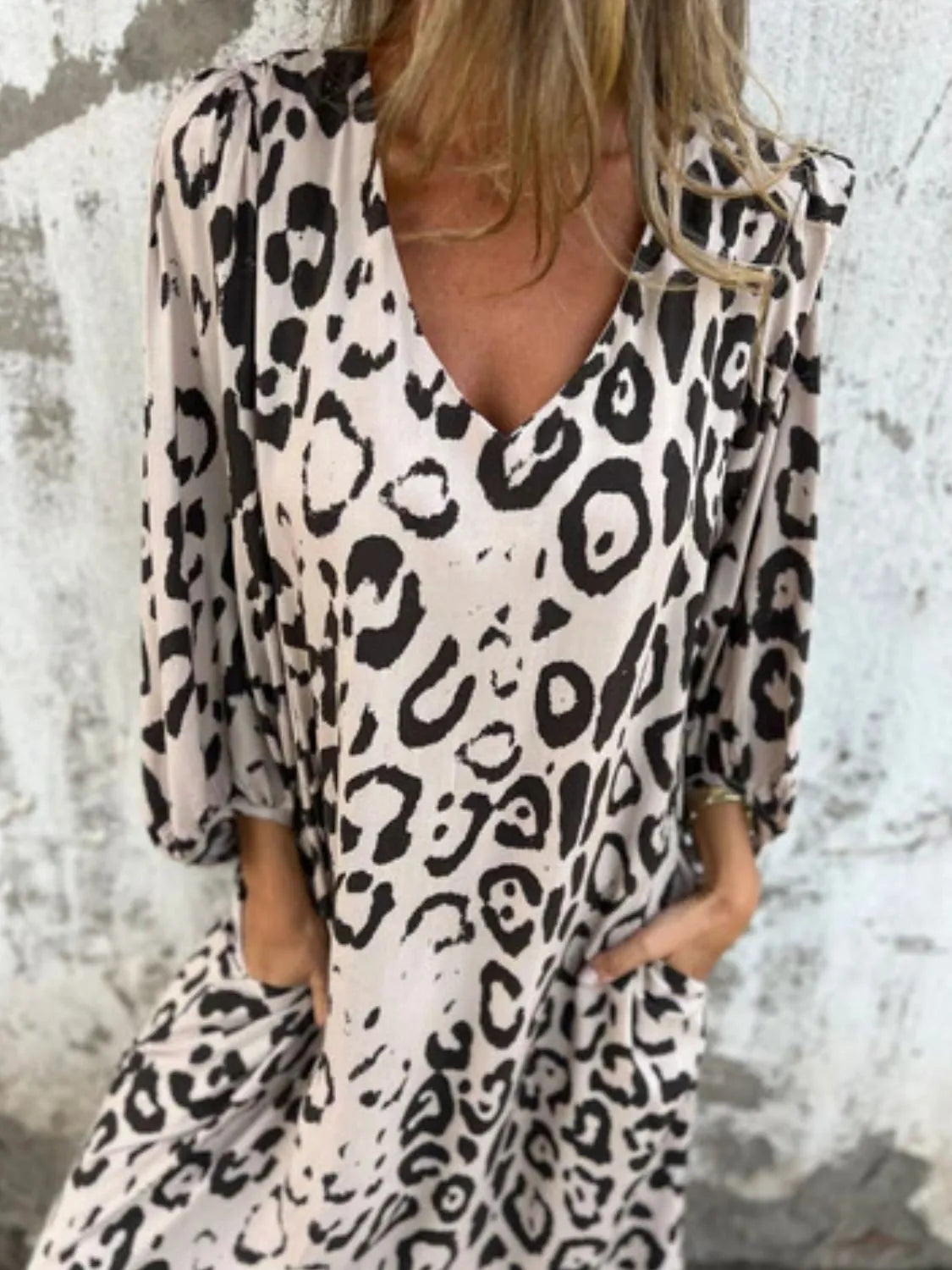 Printed V-Neck Dress with Pockets