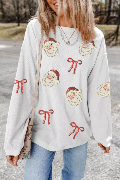 Full Size Corded Rib Sequin Santa Bow Patched Drop Shoulder Sweatshirt Plus Size
