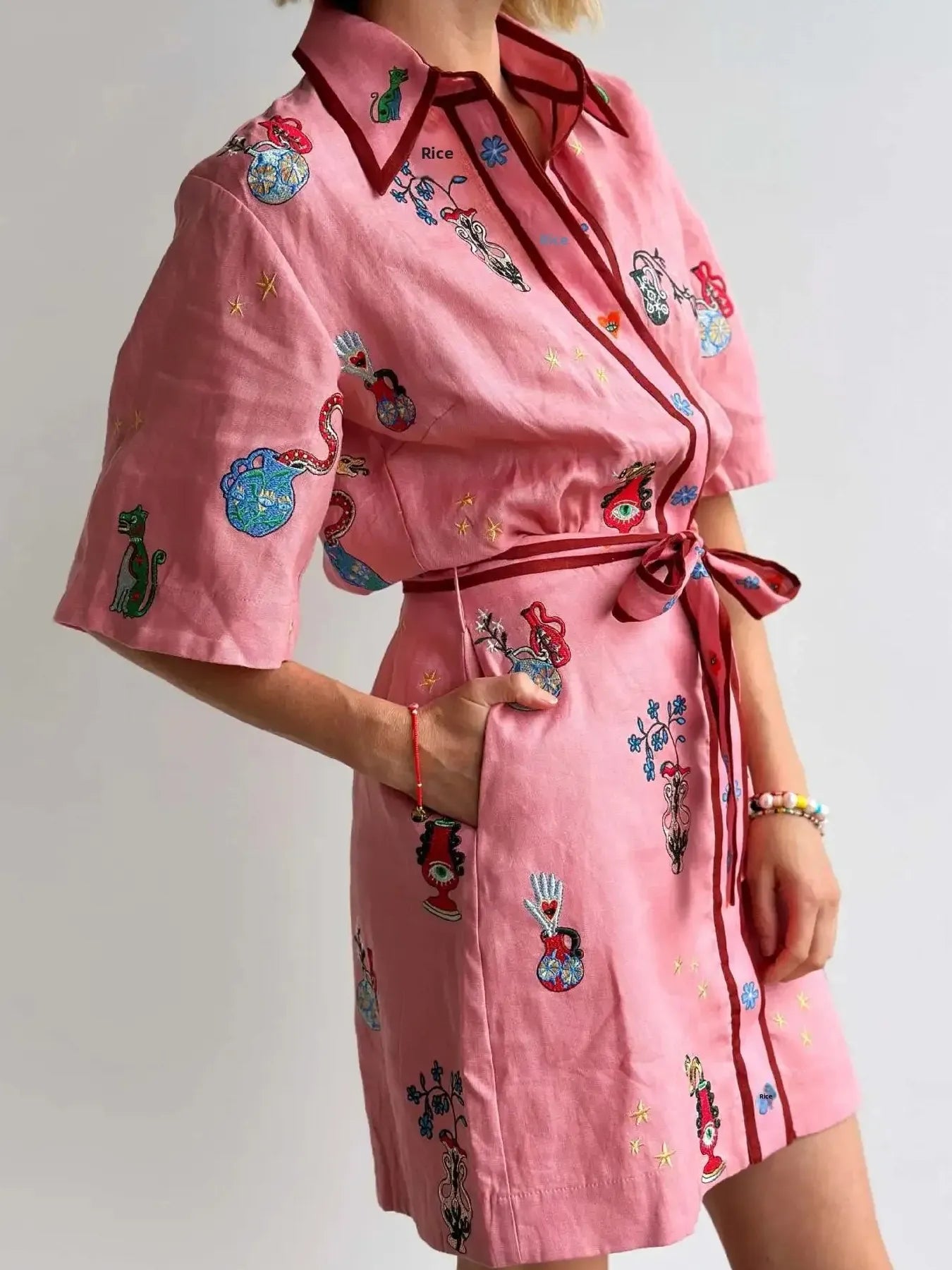 Embroidered Tie Waist Shirt Dress