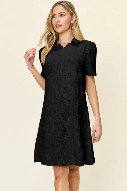 Double Take Texture Collared Neck Short Sleeve Dress