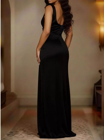Full Size Satin Cowl Neck High Slit Maxi Dress Plus Size