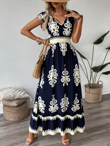 Printed V-Neck Ruffled Cap Sleeve Dress