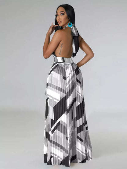 Halter Neck Geometric Print Pleated Maxi Dress