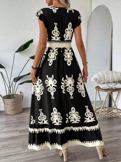 Printed V-Neck Ruffled Cap Sleeve Dress