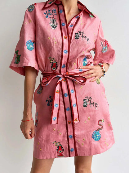 Embroidered Tie Waist Shirt Dress