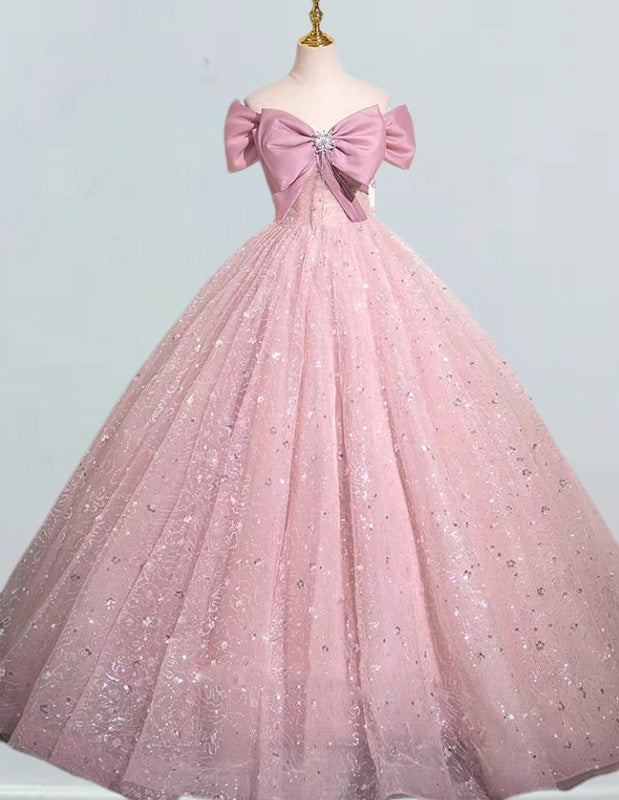 Pink Lace Off-Shoulder Quinceanera Ball Gown | Girls' Prom Evening Dress