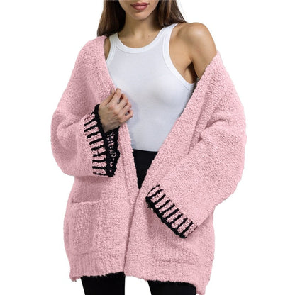 Casual Loose Contrast Color Long Sleeve Sweater Cardigan