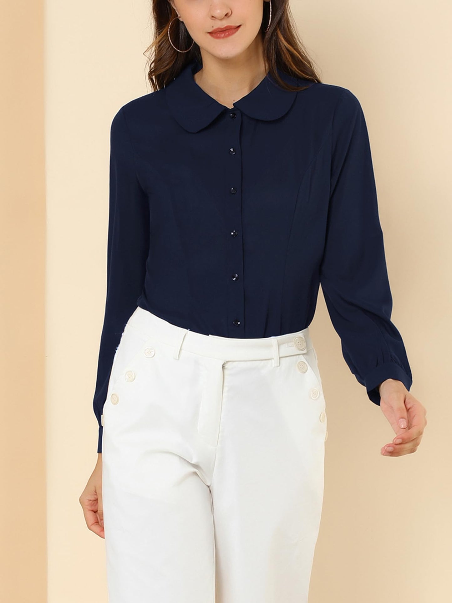 Allegra K Blusa de trabajo con cuello Peter Pan para mujer, estilo casual, de manga larga, con botones
