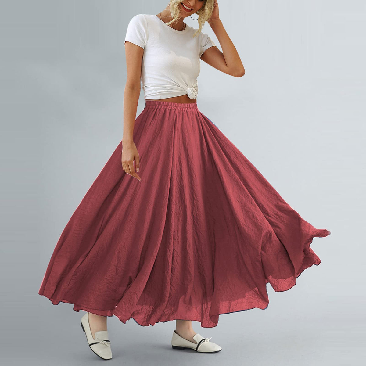 Women Bohemian Style Elastic Waist Band Cotton Linen Long Maxi Skirt Dress