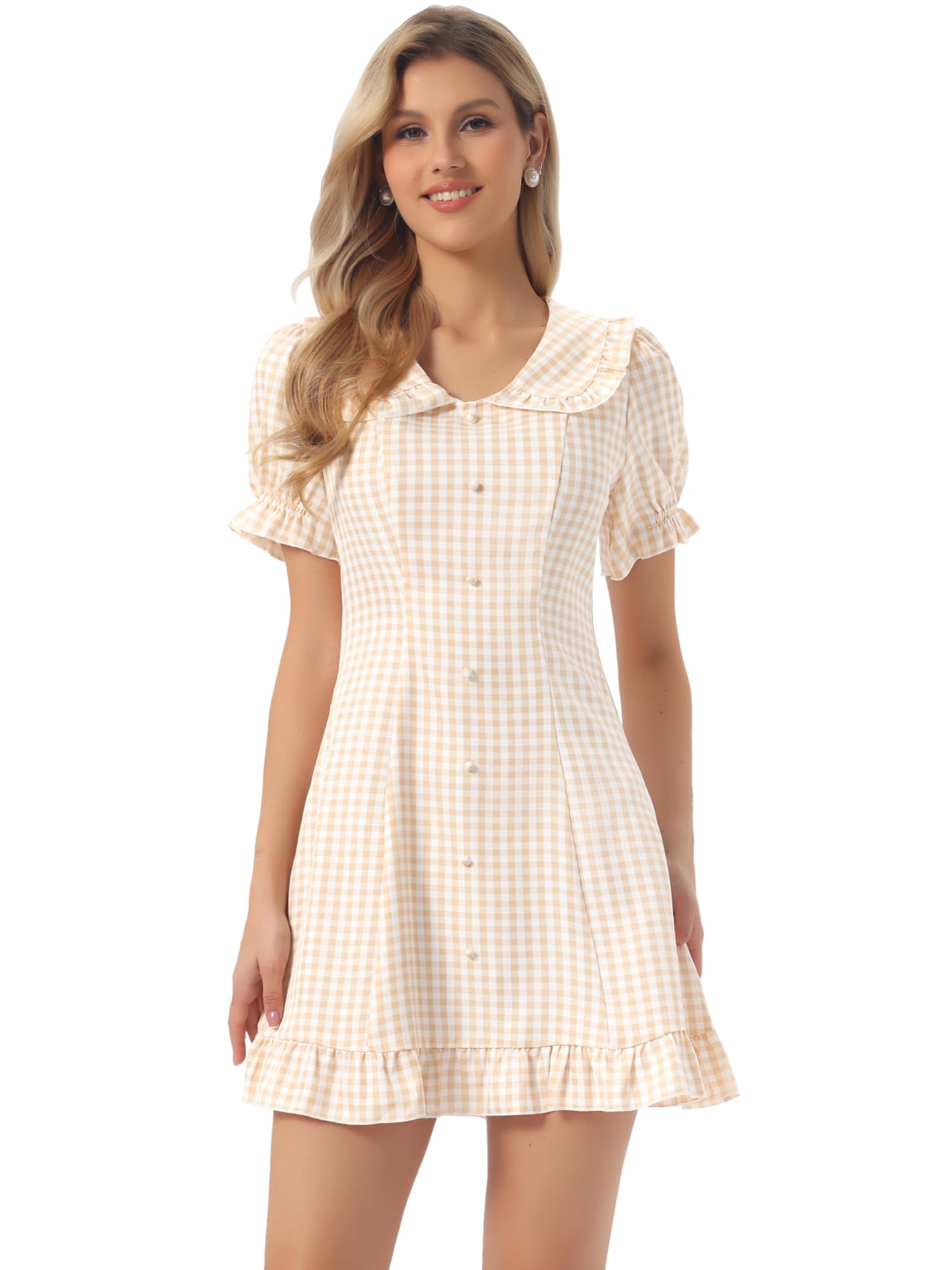 Allegra K Women's Gingham Checks Ruffled Peter Pan Collar Cute Mini Dress