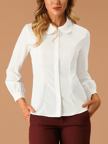 Allegra K Blusa de trabajo con cuello Peter Pan para mujer, estilo casual, de manga larga, con botones